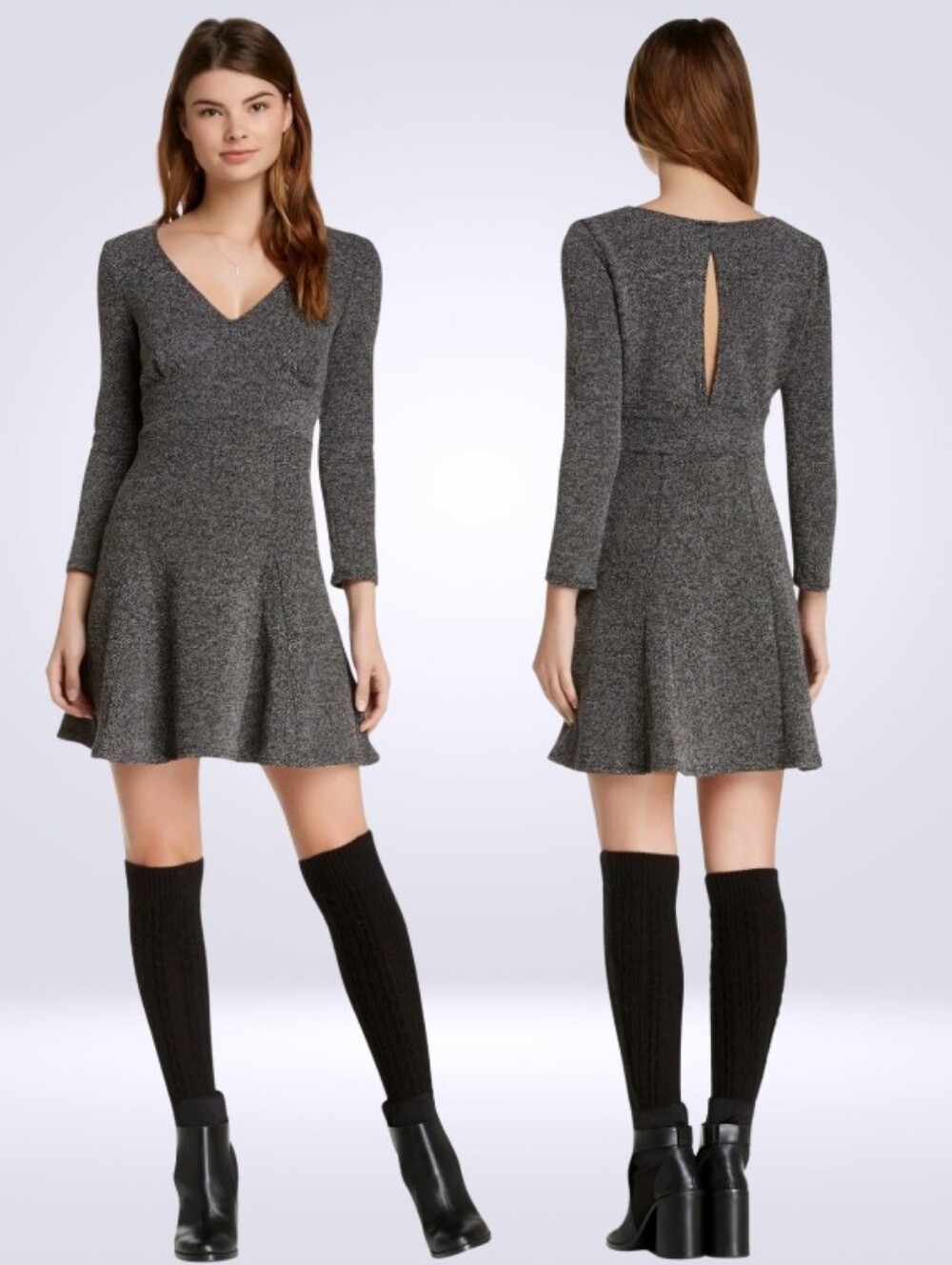 NEW Free People Heartstopper Tweed Black Combo Long Sleeve V-Neck Dress Size L